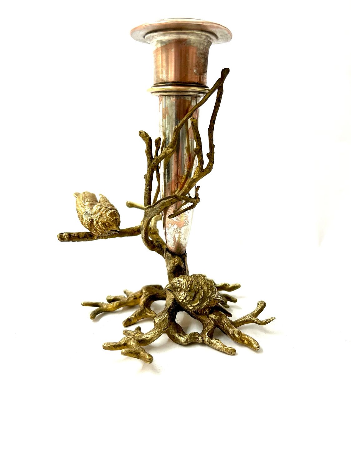Wiener Bronze , Kerzenleuchter ( versilbert) , Äste mit Vögeln um 1900 Jugendstil 