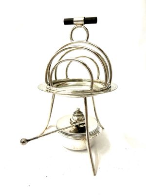 Sehr seltener versilberter Toastständer mit Rechaud  , Asprey‘s London um 1910 , Patent, Design inspiriert von Christopher Dresser