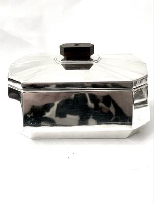 Dose mit Deckel, Keksdose versilbert Gallia Christofle Art Deco mit Holzgriff 