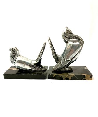 Paar Buchstützen Bücherstützen,  Truthahn, Truthenne , Puter,  Pute , versilbert , Art Deco signiert Rochard Frankreich um 1920 Art Deco