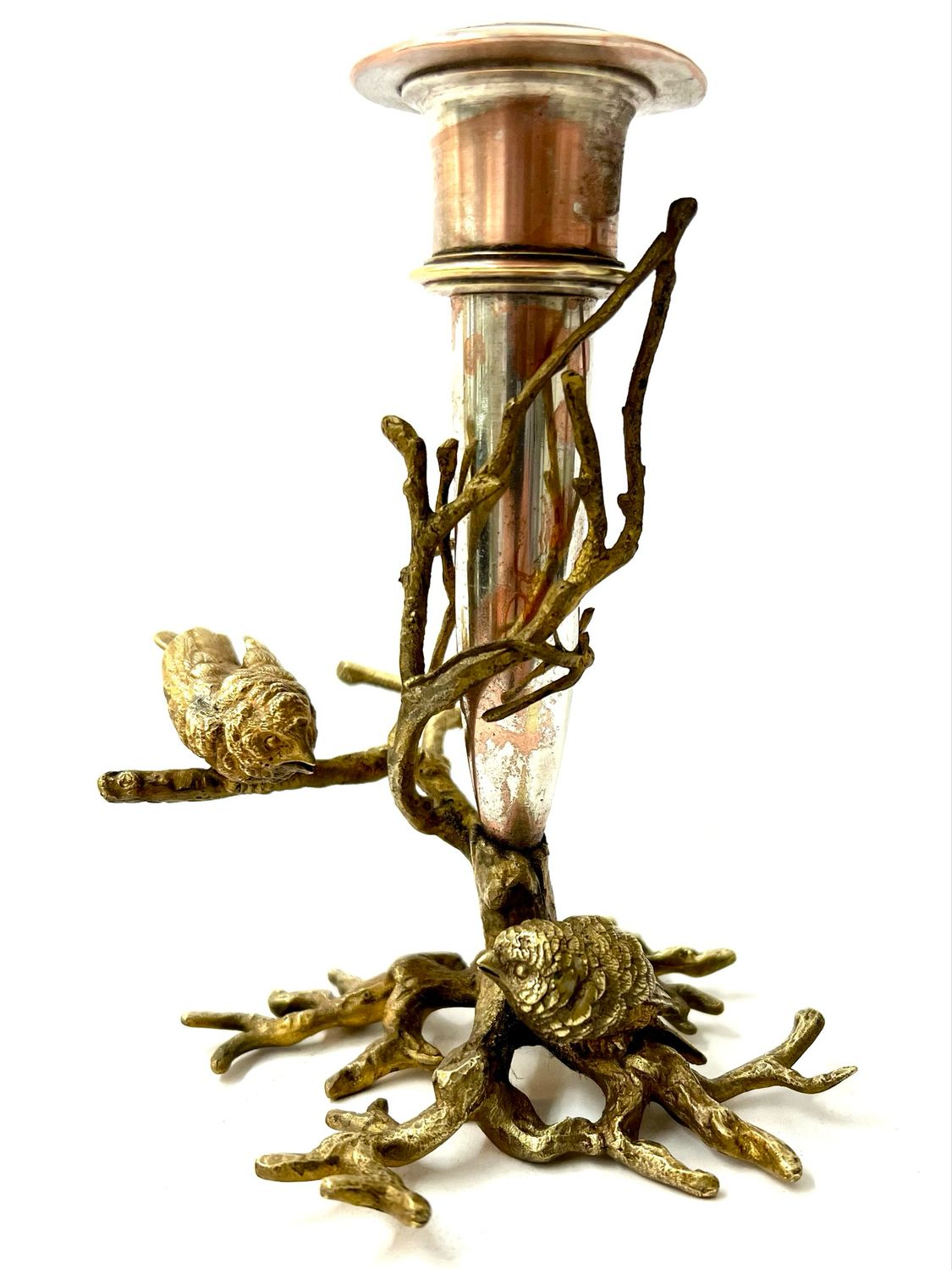 Viennese bronze, branches with birds around 1900 Art Nouveau, with silver-plated and copper candlesticks in the center, Austria Vienna