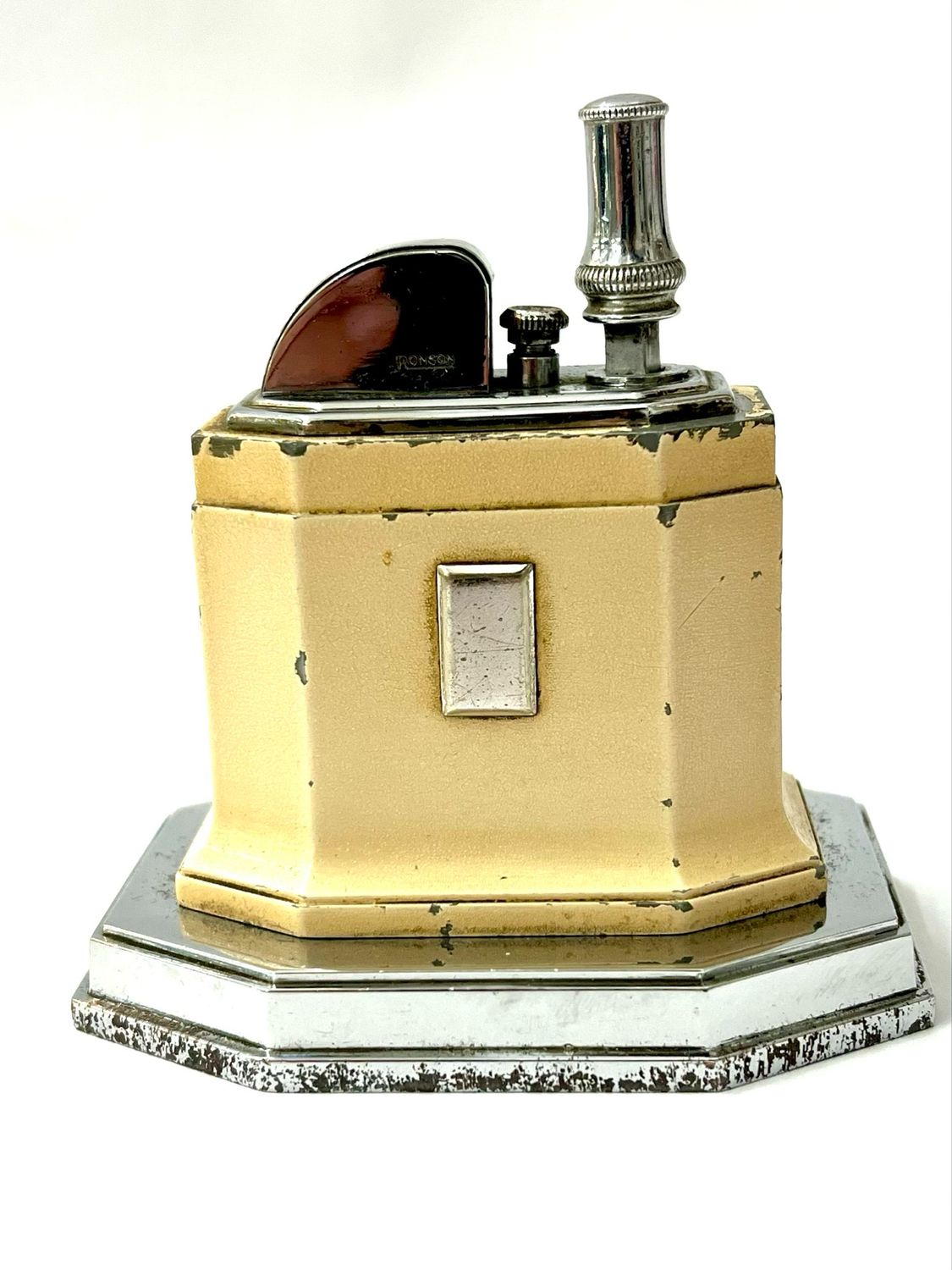 Seltenes Tischfeuerzeug von Ronson „Touch Tip“ Art Deco cremefarbene Lackierung mit Chrom ( abgerieben) England um 1930 