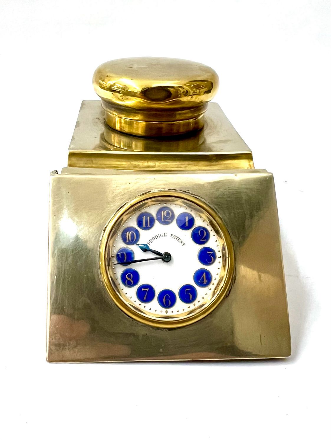 Tintenfass mit Uhr  ( schönes Email Zifferblatt) und Stiftablage , Briefmarken Ablage um 1910 , Prodige Patent, für den Schreibtisch 