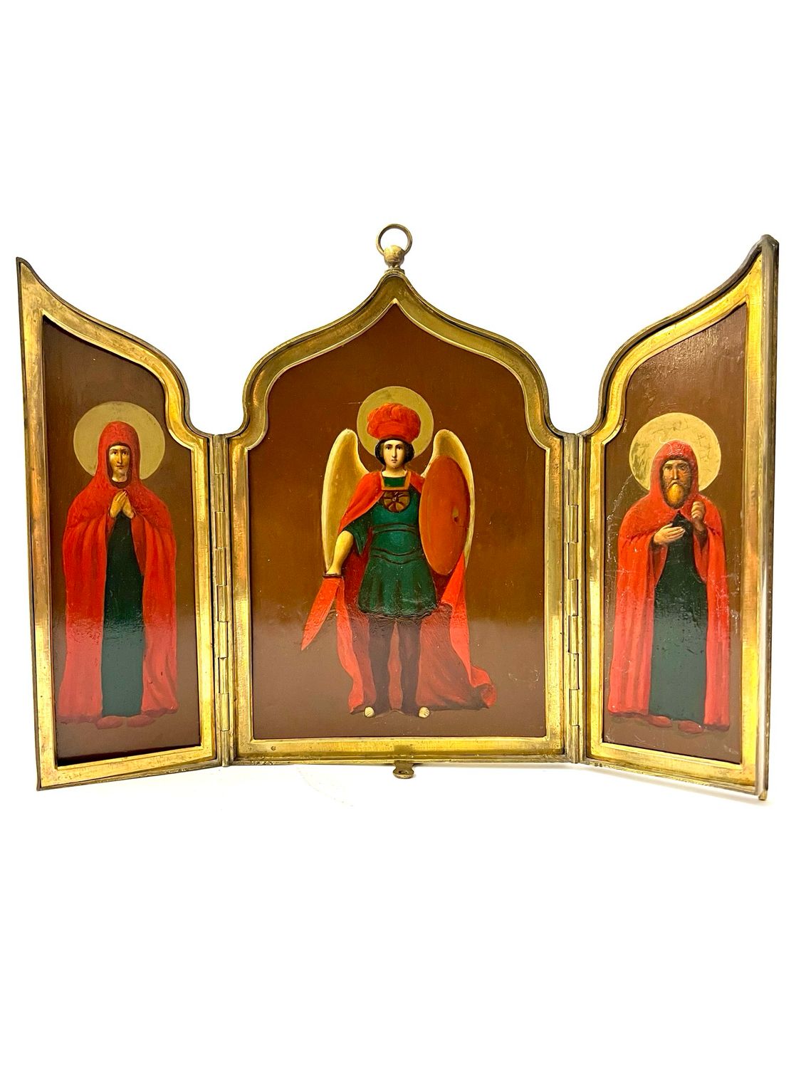 Orthodoxe Reise Ikone Triptychon 19.Jahrhundert Messing , Gemälde Öl auf Kupfer , Mutter Gottes linkes Gemälde , Erzengel Michael in der Mitte , rechts wird der heilige Andrei Rubljow gezeigt 