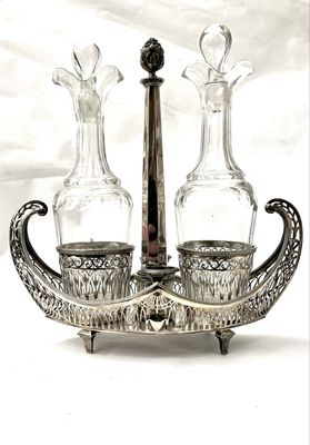 Cruet set made of 950 silver Empire 1798-1809 hallmarked France in the shape of a Venetian gondola with the original bottles (round shelf for stoppers) e.g. for vinegar and oil, various wines...