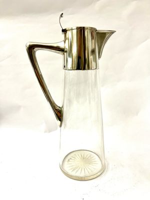 Wine carafe glass body with 800 silver hallmarks for Austria around 1900, smooth, simple straight shape without decoration 