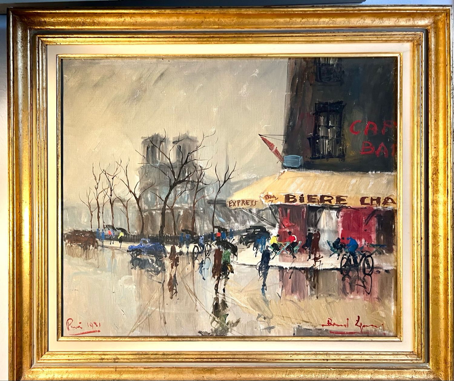 Gemälde öl auf Leinwand datiert 1951 signiert Bernard Lignon gerahmt Szene Pariser Café 