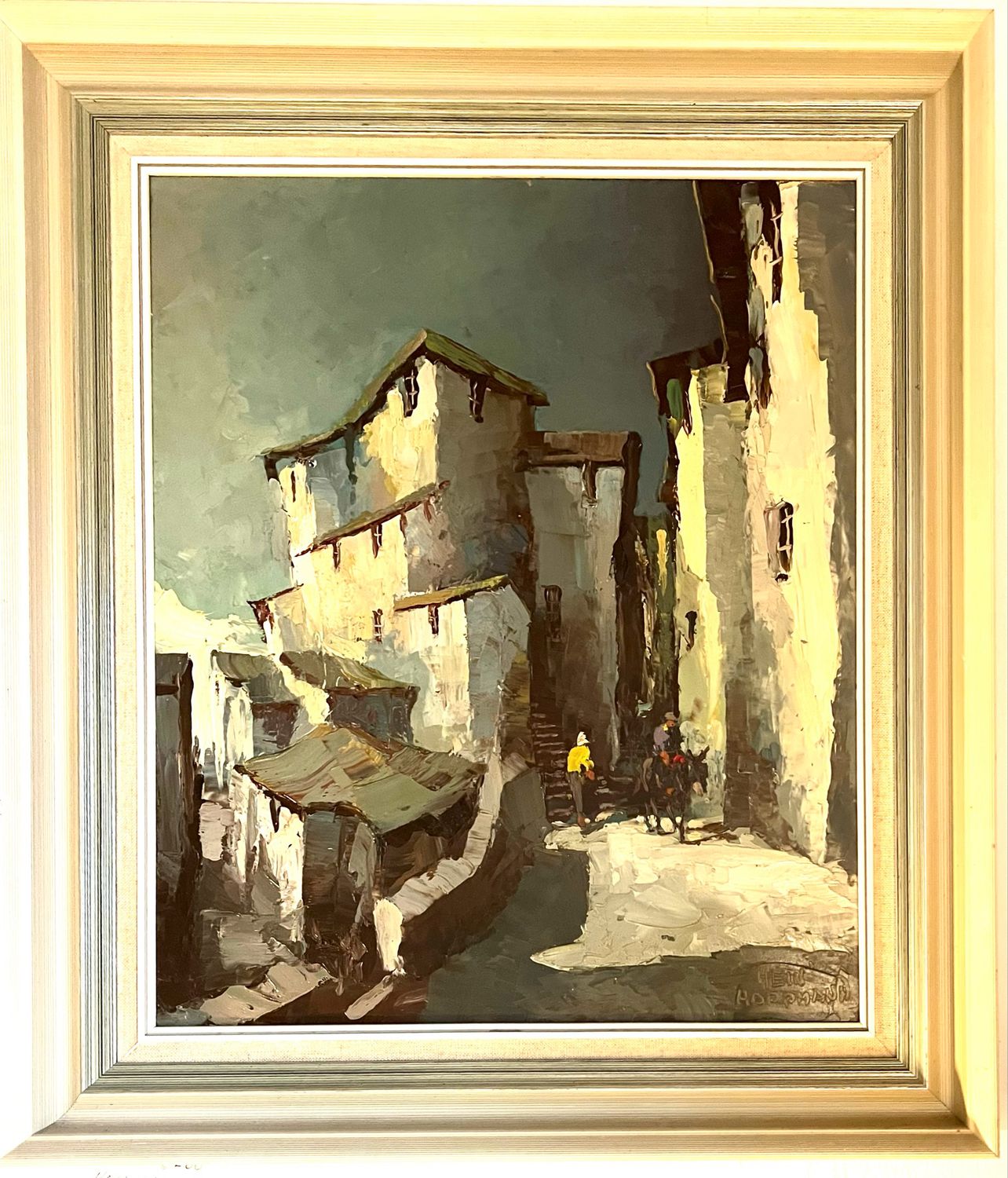 Ölgemälde, Ansicht eines französischen Bergdorfs mit Menschen , impressionistische Kunst signiert Hein Hoppmann  , gerahmt