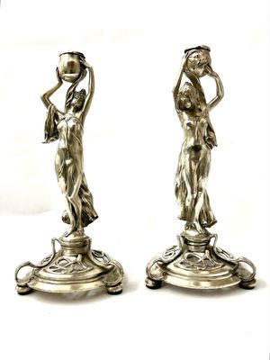 Original WMF Art Nouveau pair of silver-plated candlesticks around 1905 with 2 different fully plastic female figures Germany