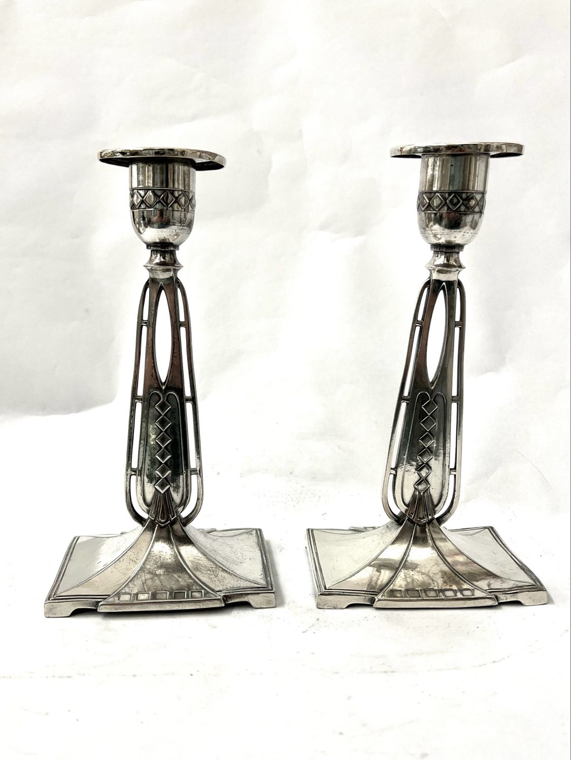 WMF pair of Art Nouveau candlesticks around 1905 geometric design Germany