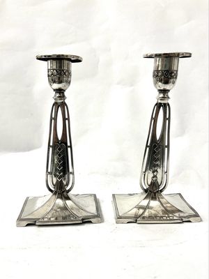 WMF pair of Art Nouveau candlesticks around 1905 geometric design Germany