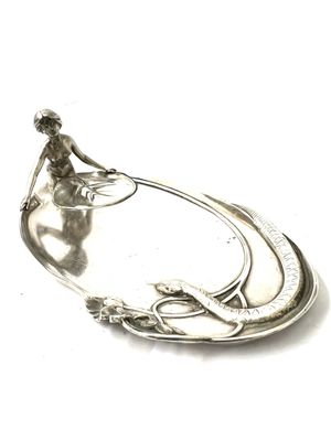 WMF Art Nouveau tray with sculptural woman bathing in the lake with water lily leaf, snake around 1905 Germany