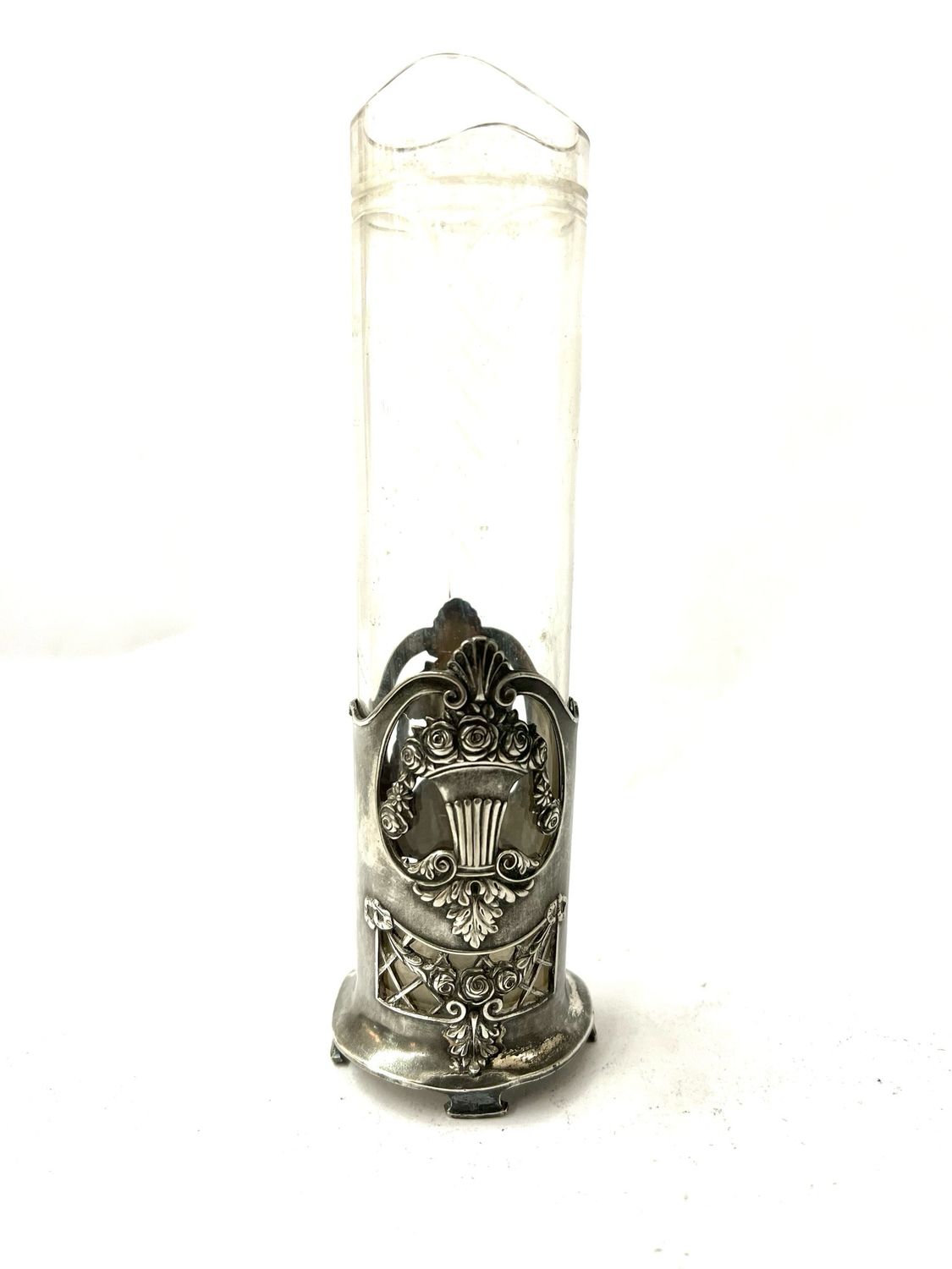 Kleine Vase versilbert um 1900 mit originalem geschliffenen Glaseinsatz 