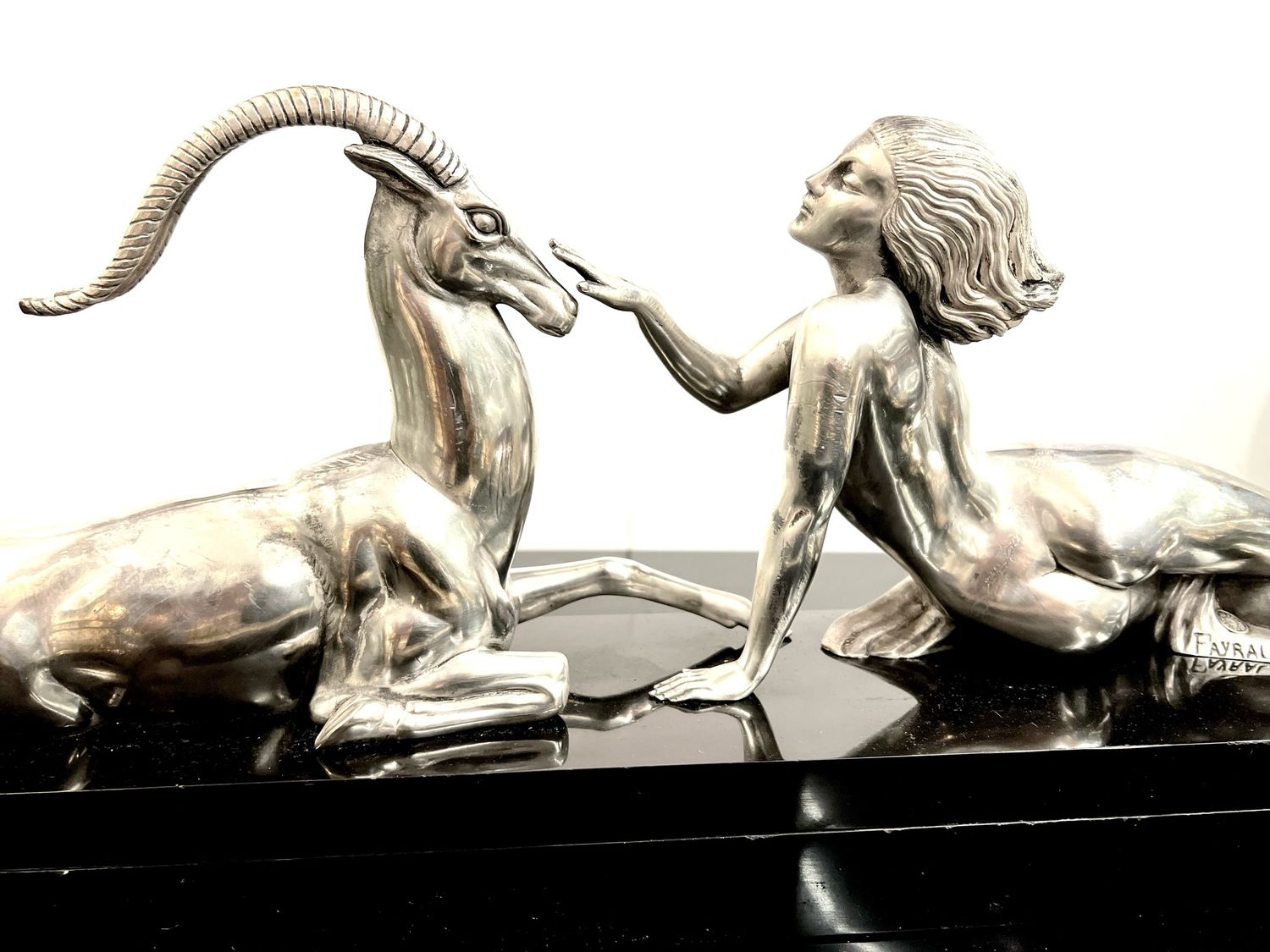 Large silver plated sculpture ”seduction” by Fayral signed , Max LeVerrier Art Deco nude woman with gazelle Belgian black marble