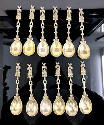 complete silver gilt neo-gothic flatware entré 12 knives 12 forks 12 spoons 12 different Apostels and angels
