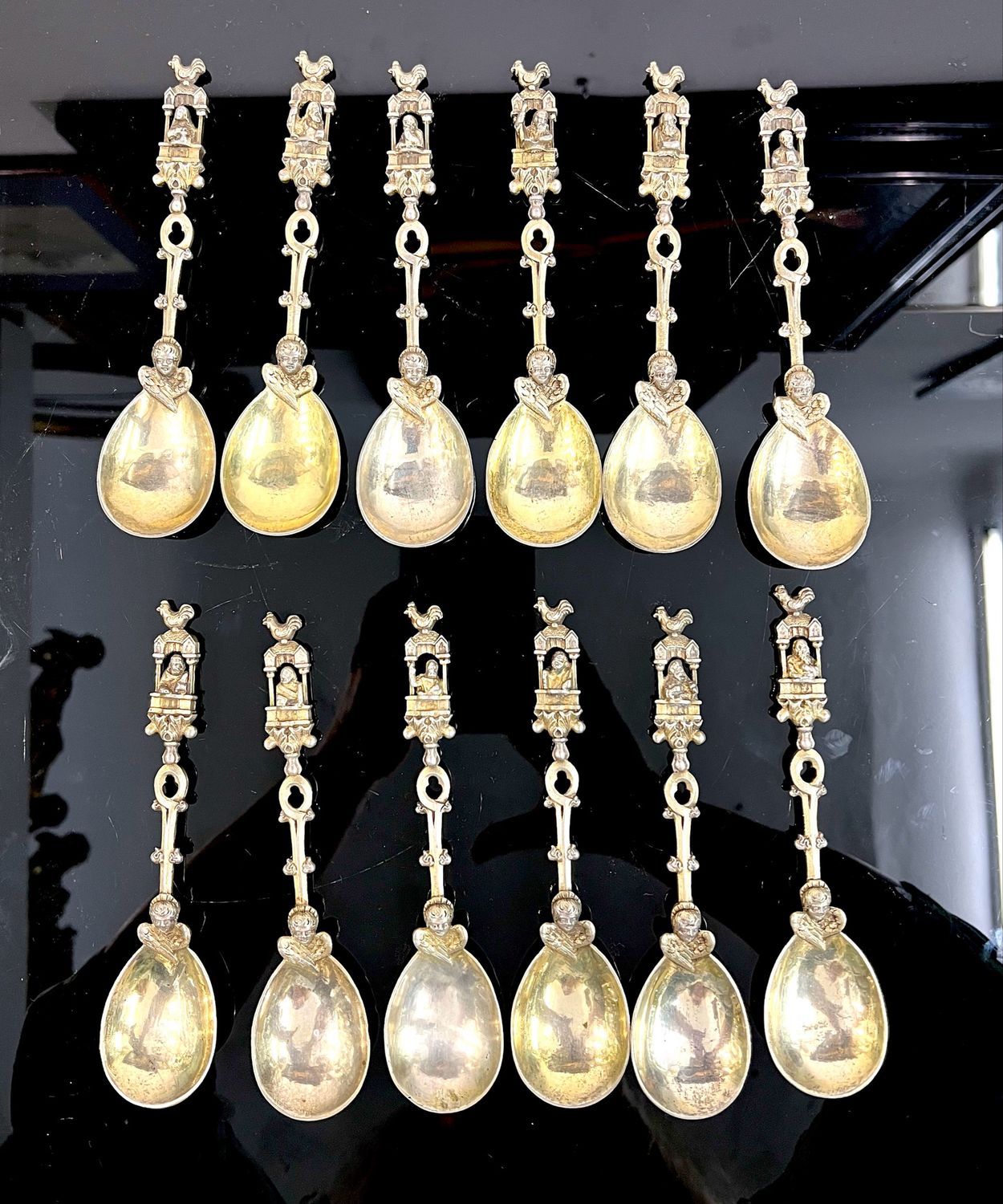 complete silver gilt neo-gothic flatware entré 12 knives 12 forks 12 spoons 12 different Apostels and angels