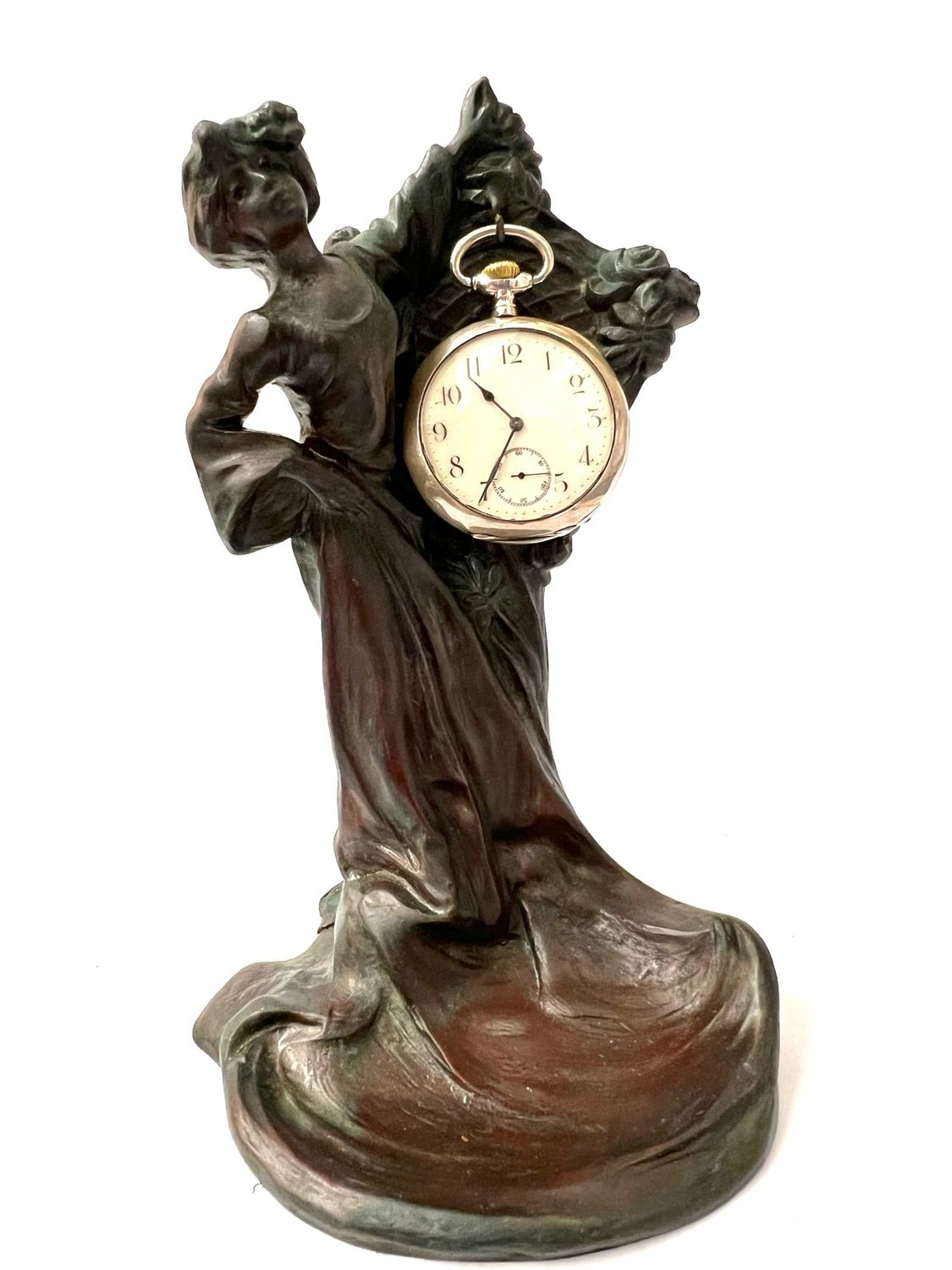 Pocket watch holder in the form of a fully plastic female figure Art Nouveau France around 1900 tin bronzed signed “Pfeffer” for artist Clara Pfeffer