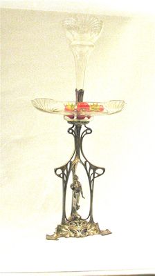 WMF Jugendstil beeindruckender großer Tafelaufsatz mit Glas Schale und Glas Vase um 1905 Skulptur vollplastische Frauenfigur versilbert,art nouveau center piece table decoration original glass figure