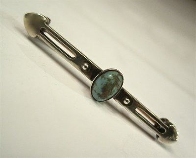 Stab Brosche Silber England signiert`Murrle Benett´Silber/Gold Türkis um 1905 Arts &amp; Crafts, signed English silver bar brooch turquoise