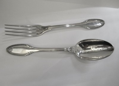 950´er Silber 4 Gabeln und 4 Löffel , Puiforcat um 1900 Paris Frankreich, 4 spoons and 4 forks in solid Britannia silver made by high class french silversmith