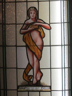 Bleiverglastes Jugendstil Fenster um 1900 nackte Frau ,Art nouveau, Bleiglas, Leaded glass window of a naked lady