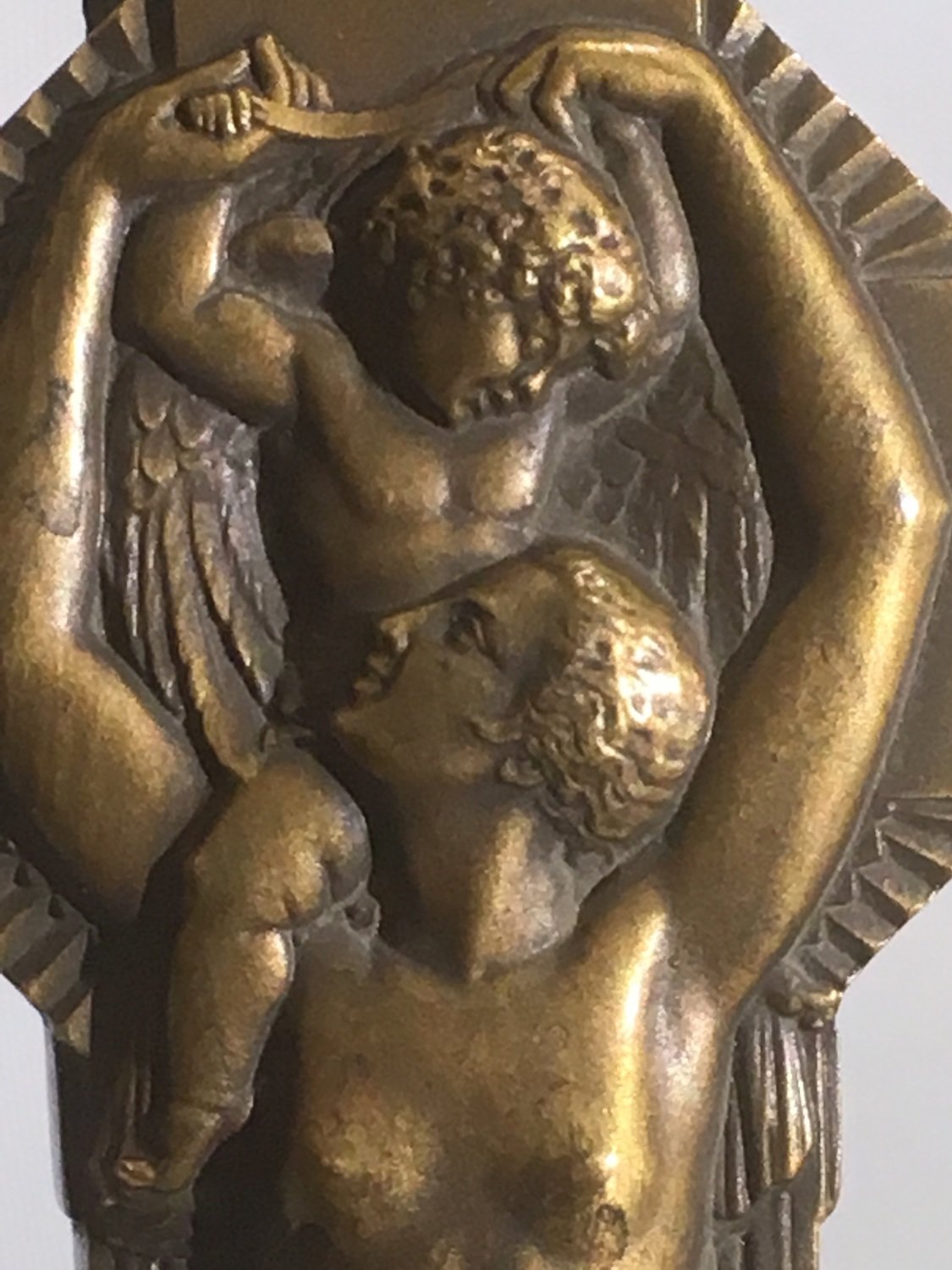 Papiermesser, Brieföffner Bronze Art Deco um 1922 signiert „Lucien Bazor“nackte Frau mit Baby ( Maria mit Jesus Kind) , signed paper knife showing Madonna and child