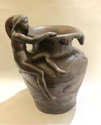 Bronzierte Zinn Vase Jugendstil signiert `Perron´ um 1900 Frankreich, nackte Frau, french art nouveau signed pewter bronze finish vase naked lady