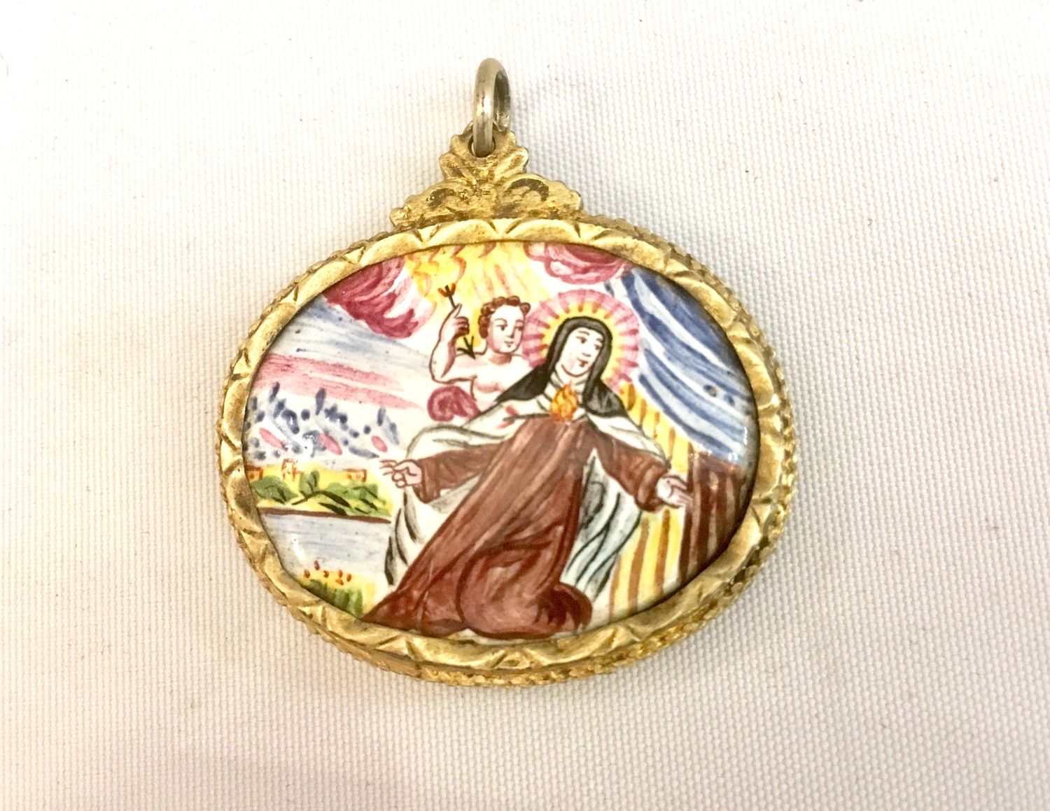 Antiker alter religiöser christlicher Reliquien Heiligen Anhänger 17. Jahrhundert St. Terersa Spanien um 1680 Email, antique enameled reliquary pendant christian religious holy saint spanish