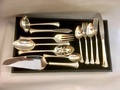 “Gorham” USA Amerika massives Sterling Silber Besteck für 12 Personen 65 Teile Inklusive  7  Vorlegebesteck Teile , silver cutlery set for 12 people knives forks spoons 7 serving pieces