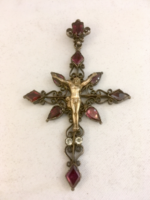 Kruzifix antiker Kreuz Anhänger Jesus religiös christlich Silber Granat um 1790 deutsch , antique silver cross pendant garnets