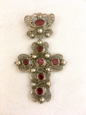 Kreuz Anhänger Granaten Silber deutsch antik um 1780 Filigran Trachtenschmuck , antique silver cross pendant garnets