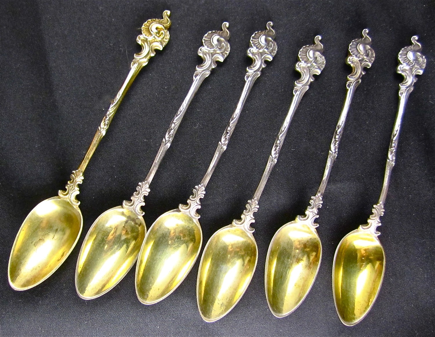Mokka Löffel 6 Stück in 800’er Silber mit Teilvergoldung um 1880, italian silver mocca spoons victorian