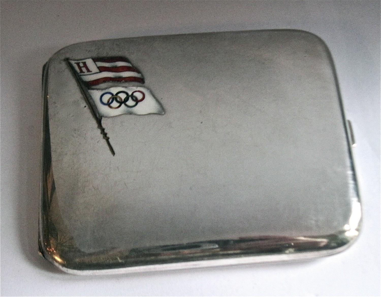 Originales Einzelstück Zigaretten Etui Silber Emaille Olympische Spiele 1928 Amsterdam, olympic memorabilia silver cigarette case with enameled flags engraved with German Olympia game winners