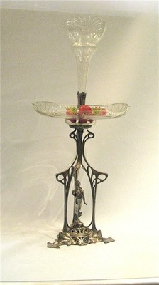 WMF Jugendstil beeindruckender großer Tafelaufsatz mit Glas Schale und Glas Vase um 1905 Skulptur vollplastische Frauenfigur versilbert,art nouveau center piece table decoration original glass figure
