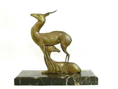 Skulptur Paar Antilopen Gazellen Bronze Art Deco Marmorsockel RAYMOND DELAMARRE, beautiful sculpture of 2 gazelles marble base