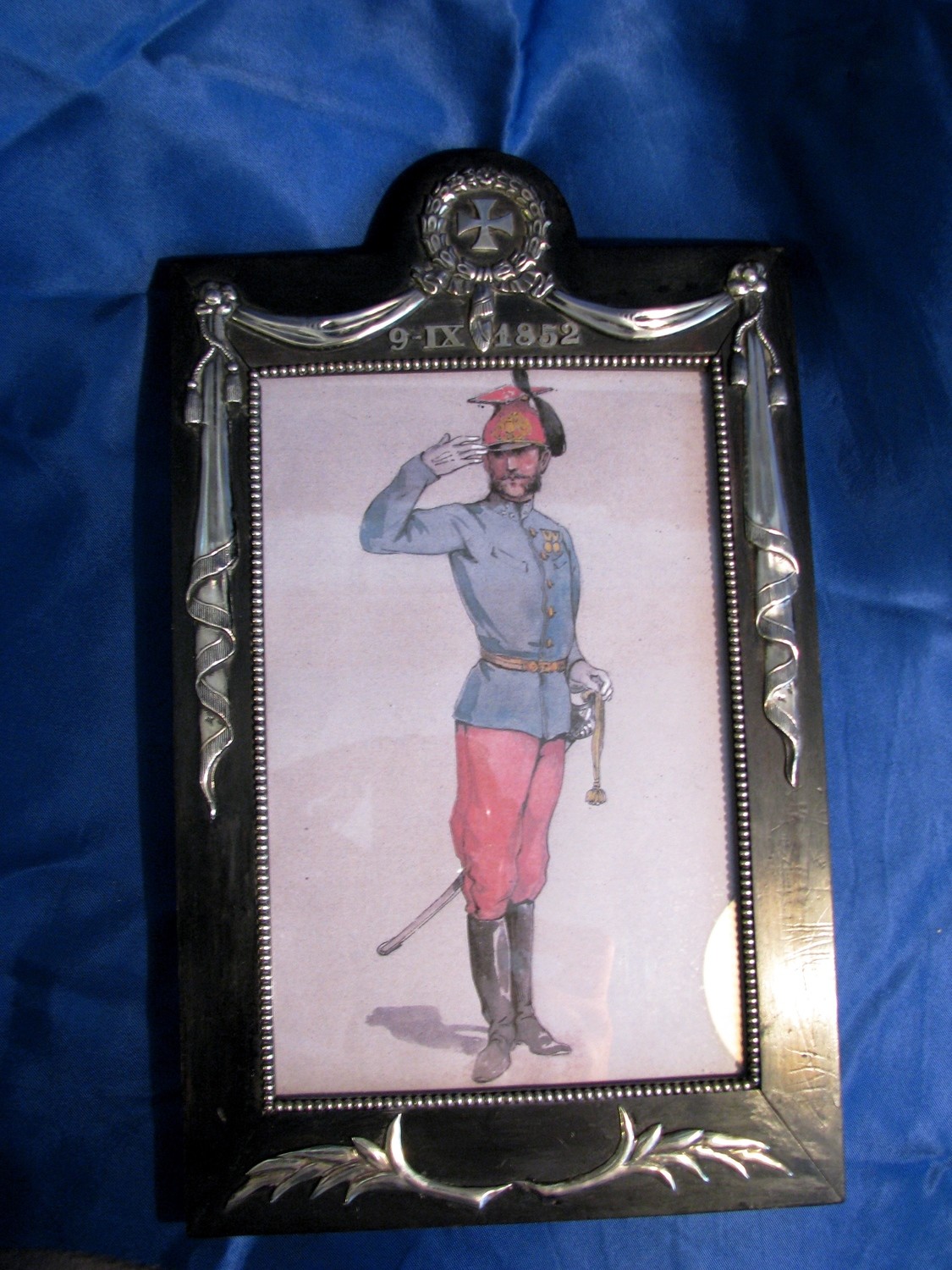 German wooden picture frame with silver application military 19th century dated