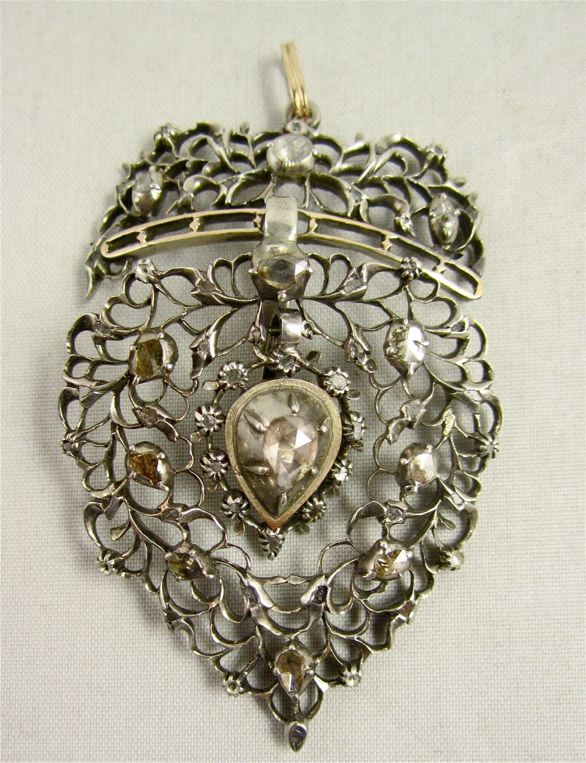 Old pendant antique silver gold diamond roses Belgium/Netherlands around 1800 Flemish heart