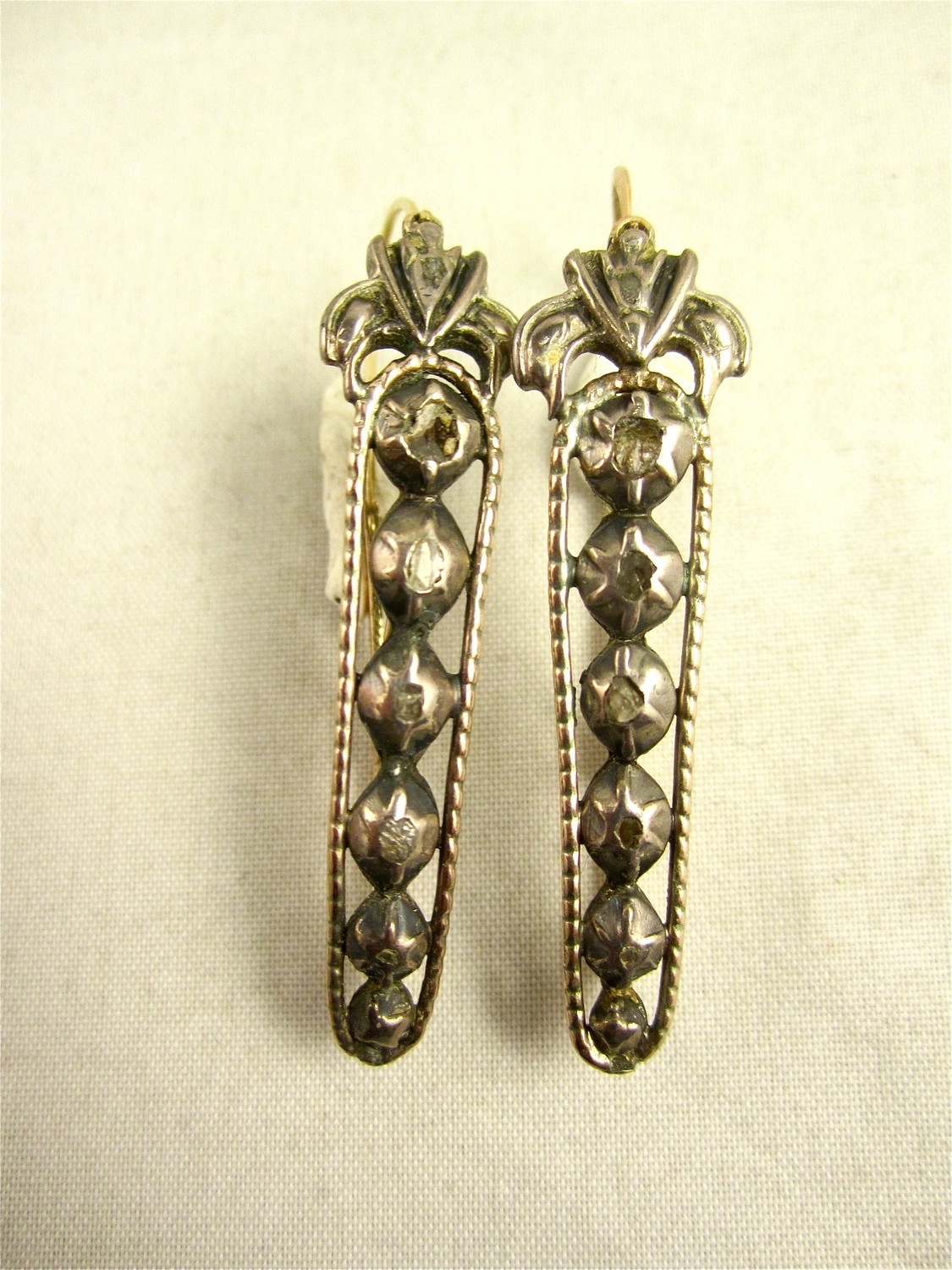 Ohrringe, Paar antik Silber Gold Diamantrosen Biedermeier um 1810 Kreolen, German pair of antique georgian diamond gold earrings