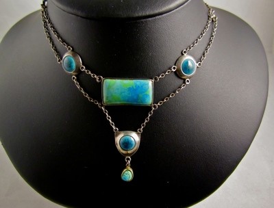 Collier Halskette Ruskin Keramik Silber Arts &amp; Crafts England um 1910, silver necklace with Ruskin ceramic plaques