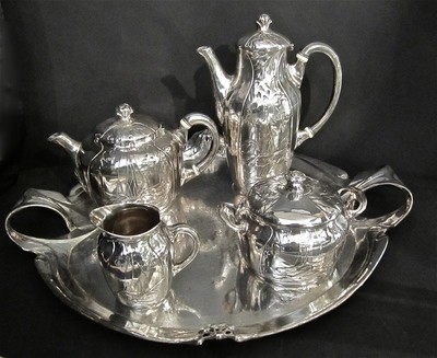  complete 5 piece silver plated tea set maple leaf decoration art nouveau