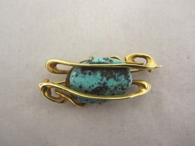 Brosche Jugendstil Gold Türkis England Art &amp; Crafts um 1900 Liberty &amp; Co Archibald Knox, English designer brooch with large turquois