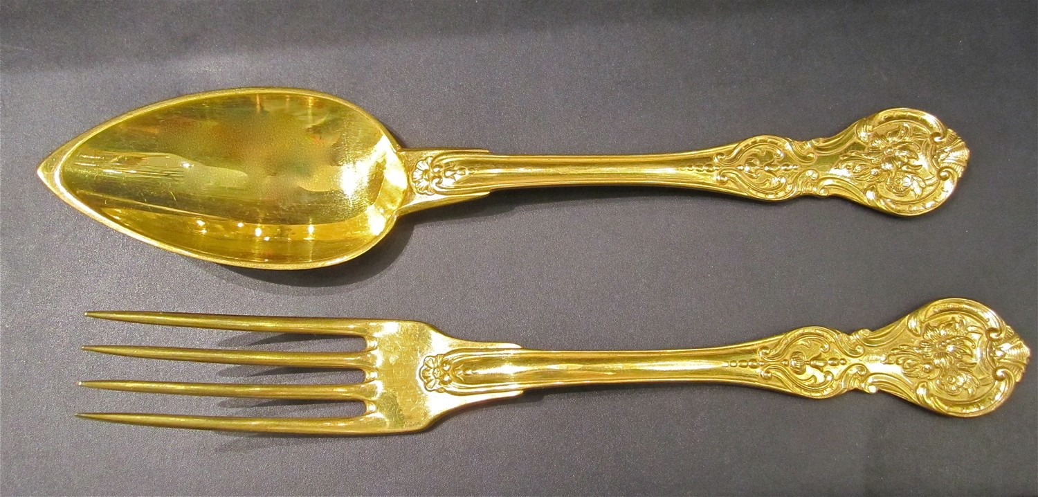 Besteck 6 Löffel 6 Gabeln, signiert Christofle vergoldet, 19. Jahrhundert, superb French victorian 6 table spoons and 6 forks gold plated signed `Christofle´19th century