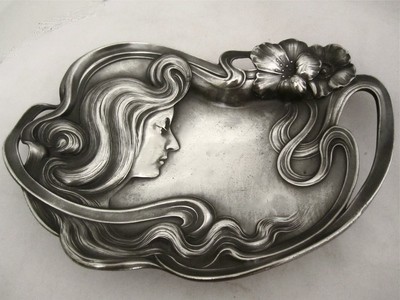 WMF Schale Jugendstil original um 1905 mit Frauenkopf, versilbert, signed art nouveau silver plated dish with lady head German