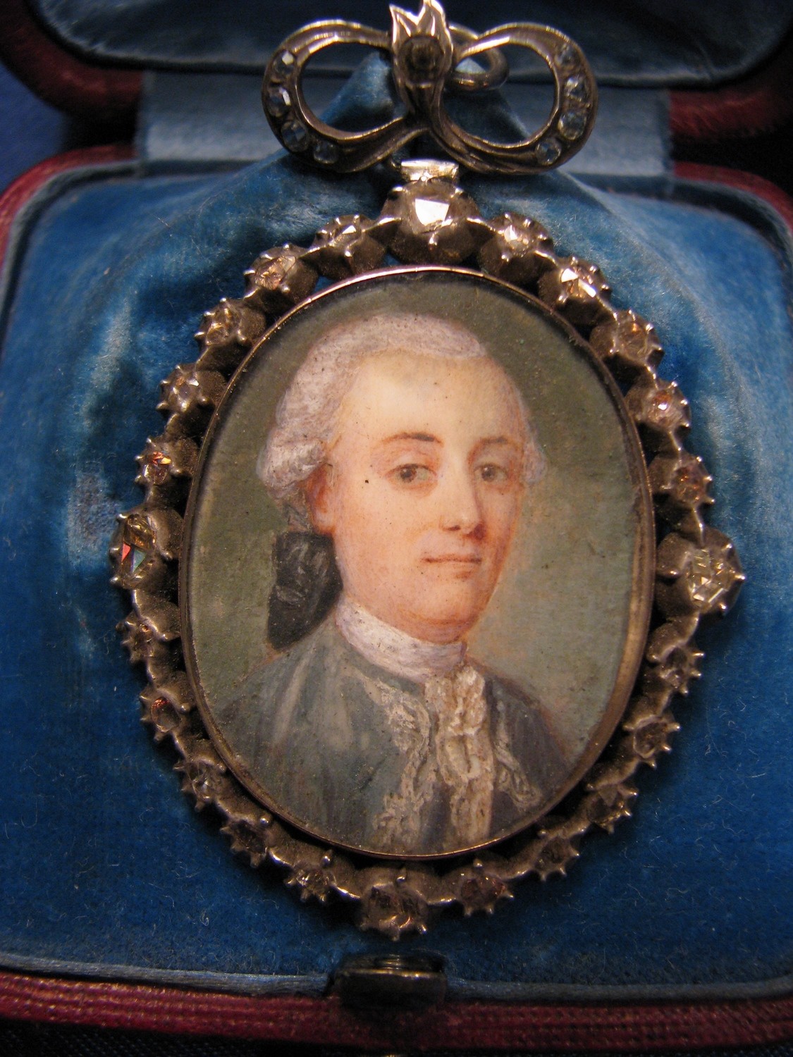 miniature of 18th century noble man set in gold, silver, rose diamonds, english pendant England