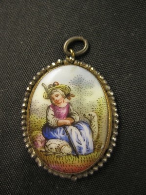 Cut steel antiker Porzellan Anhänger Schweiz um 1800, swiss georgian porcelain pendant