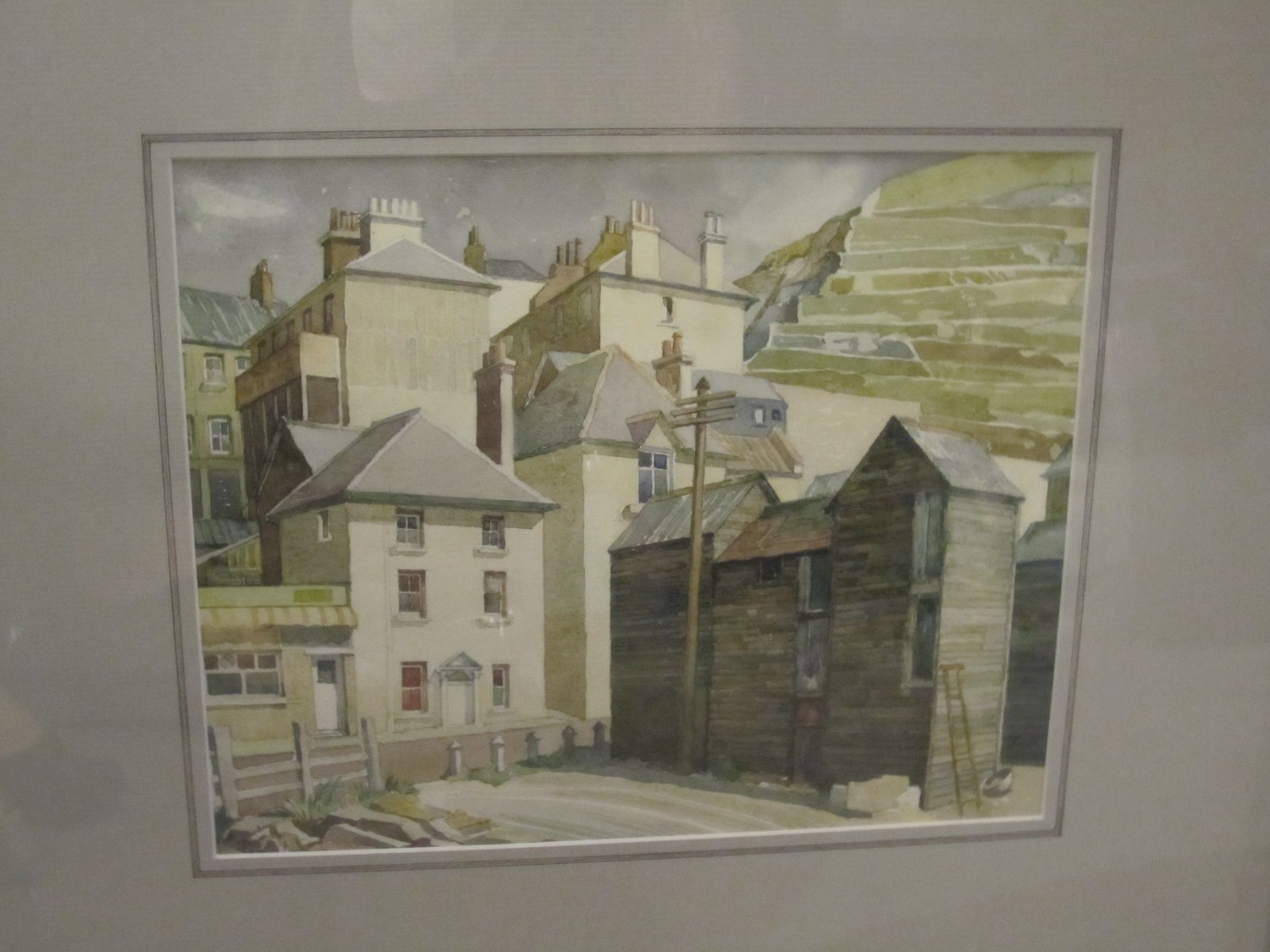 Hastings Fischerhütten, Aquarell von Clifford Charman 1968, signed English watercolour Hastings fishing houses