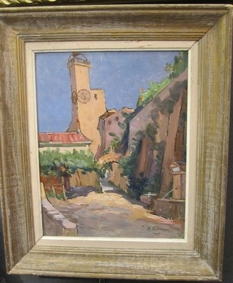 Gemälde Impressionismus Dorfszene Frankreich um 1920, signiert « M. Surengar « , oil painting impressionist French village signed and dated