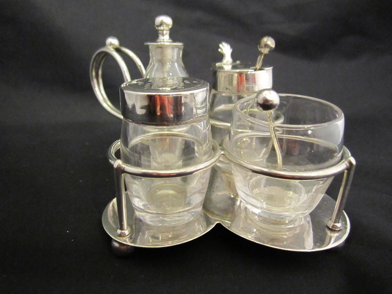 Silber und Glas Menage, Gewürz Set, Punzen England Birmingham 1893, `Christopher Dresser´, victorian English silver cruet by Heath &amp; Middleton