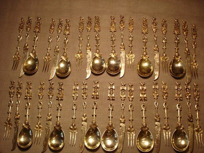 36 Teile Historismus Gründerzeit Vorspeise, Nachspeise Silber Besteck 19.Jahrhundert deutsch,12 Apostel, complete silver gilt neo-gothic flatware entré 12 knives 12 forks 12 spoons 12 Apostels