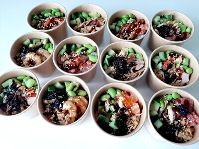 pokebowl XS : zalm, tonijn, garnalen, kip, surimi of veggie